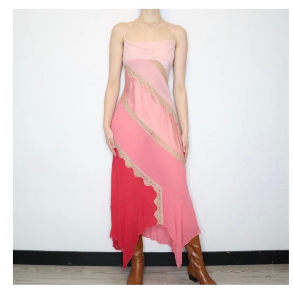 Vintage 90’s Y2K 100% Silk Slip Dress Cowl Boho Sheer Lace Backless Belladonna - Picture 8 of 16